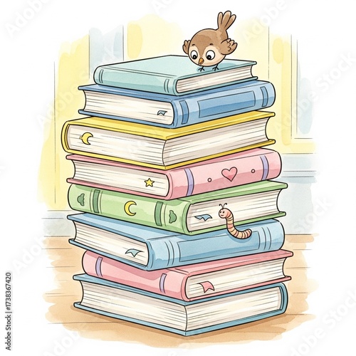 Cute Watercolor Cartoon Book Stack 