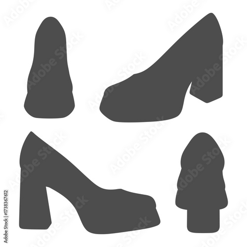 Set of black and white illustrations with women shoes on thick heels. Isolated vector objects on white background.