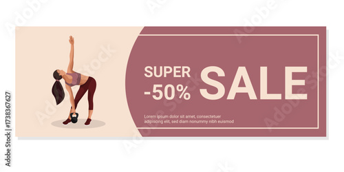A faceless fitness woman stretches to the side while holding a kettlebell, promoting a sale event focused on health and wellness.