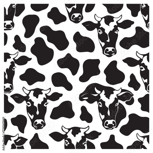 Seamless pattern with cow heads and spots isolated on white background vector illustration of a farm animal in a simple style black and white print for fabric, textile, paper, wallpaper, packaging