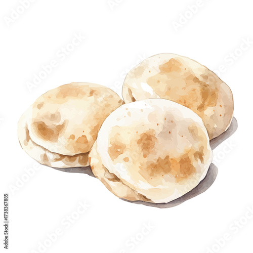A Watercolor painting of pita bread, delicately hand-painted with artistic brush strokes, minimal layout, white background, vector EPS. vector illustration, flower set