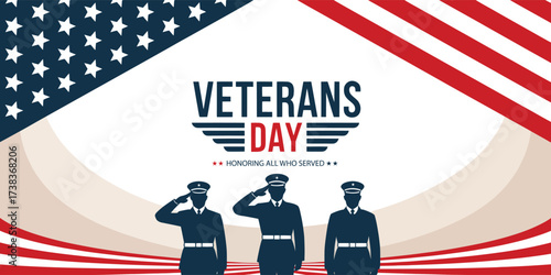 Veterans Day graphic with saluting soldiers, patriotic wings, and American flag background, honoring U.S. military service and sacrifice