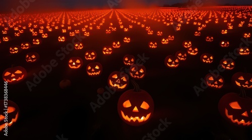 An endless field of illuminated jackolanterns under the dark halloween night