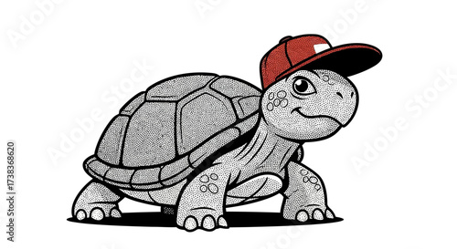 Cartoon turtle illustration wearing a red baseball cap with cool design for children
