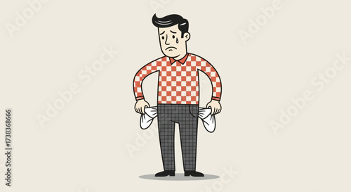 Cartoon depiction of a man experiencing financial hardship, showing empty pockets and a sad