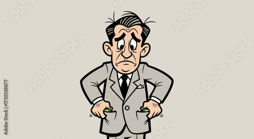 Cartoon Businessman with Empty Pockets Depicting Financial Problems and Bankruptcy