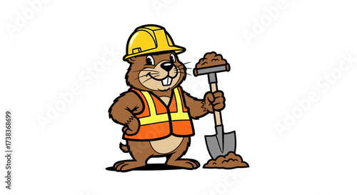 Cartoon beaver construction worker with yellow hard hat and shovel ready for digging