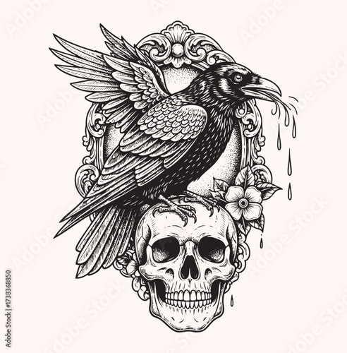Vector Illustration featuring Raven on Skull with Decorative Frame in Vintage Style Black and White Design