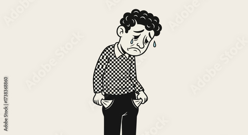 Illustration of a sad man with empty pockets depicting financial problems and despair