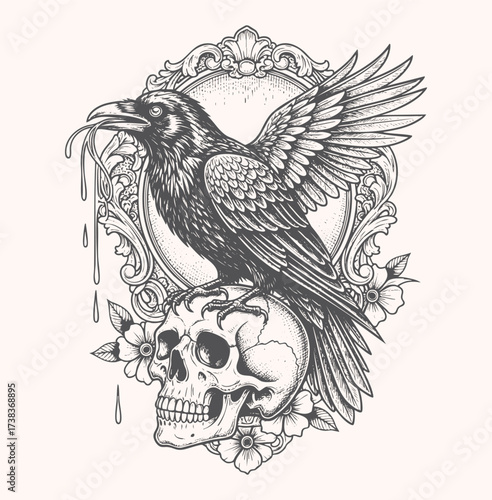 Ornate Vector Illustration of Raven Bird on Skull with Frame Vintage Tattoo Style
