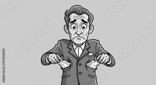 Cartoon Businessman Showing Empty Pockets representing Financial Troubles and Recession Depression