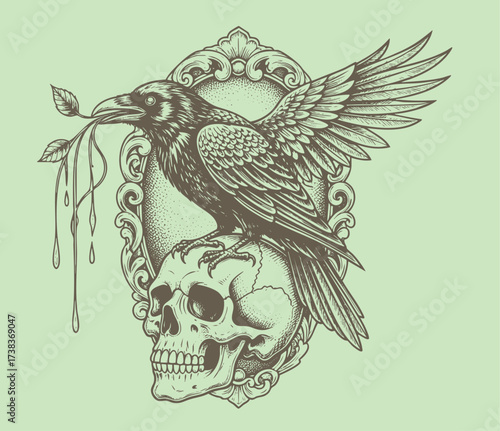 Detailed Vector Illustration of Raven perched on Skull inside Ornate Frame with Leaves in Mouth for Gothic Design