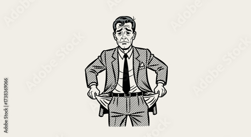 Desperate businessman with empty pockets symbolizing financial crisis and loss of money