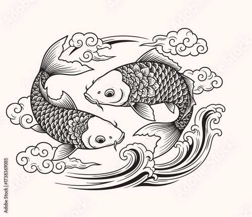 Elegant Vector Illustration of Koi Fish with Clouds and Water Waves in Decorative Style
