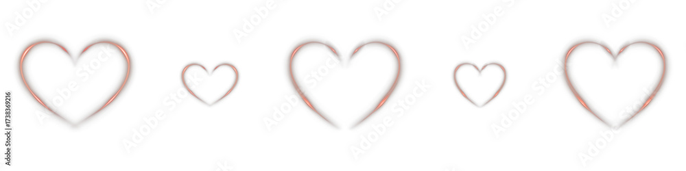 Red glowing hearts with sparkle light effect on transparent background. Romantic neon symbols for Valentine’s Day, wedding, party decoration, holiday banners, and love celebration design.