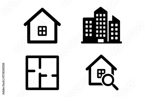 Real estate icon set. House, building, floor plan, and search property symbols. Vector graphic for architecture, construction, and housing market business logo or web design.
