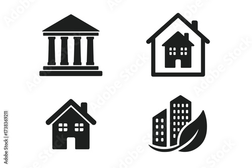 Real estate icon set. Architecture and property logo collection. House, bank, courthouse symbol. Eco-friendly green building and sustainable city living vector graphic.