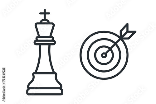 Business strategy and targeting concept. Chess king for leadership and success. Reaching goal, objective. Aiming for the target. Checkmate. Precision and winning move icon.
