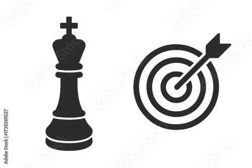 Business strategy concept with chess king and target icons. Vector symbol for goal achievement, success, leadership. Metaphor for victory, precision, objective, and winning.