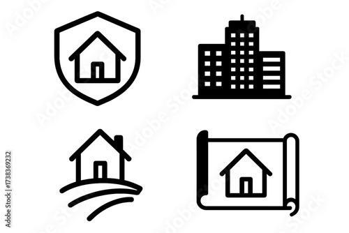 Real estate and architecture icon set. Vector symbols for property business. House logo collection for construction, home security, insurance, residential and commercial estate.