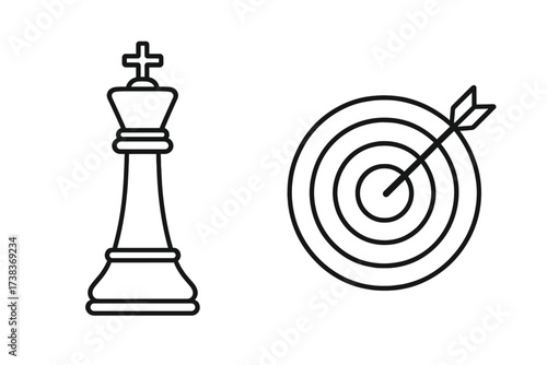 Concept of business strategy, goal achievement and success. Chess king for leadership and planning with a target and arrow for victory and focus. Metaphor for winning.