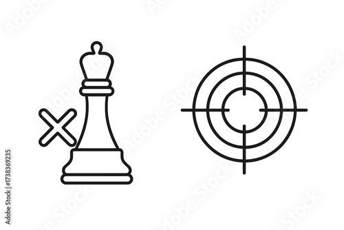 Checkmate chess king icon with cross for defeat or endgame, and a target icon for focus, precision, strategy, and goal achievement. Thin line vector business concept set.