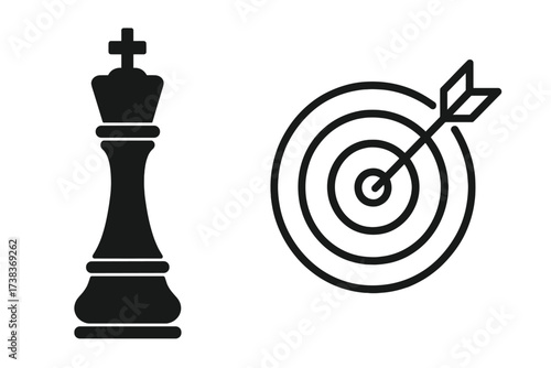 Strategic goal and business objective icon. Chess king for leadership, management, and winning strategy. Target with arrow for marketing focus, accuracy, and success. Checkmate.