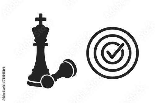 Business strategy success concept. Checkmate in chess game. Reaching the target goal. Winning, competition and leadership. Accuracy and planning vector icon for marketing.