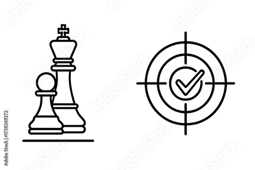 Business strategy and goal achievement linear icons. Chess king and pawn for tactics, planning, and checkmate. Target with check mark for success and mission accomplished.