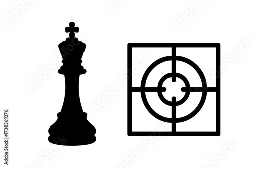 Chess king in the crosshairs. Metaphor for targeting the leader, business strategy, and achieving goals. Checkmate concept. Focus on the main objective, competition, success.