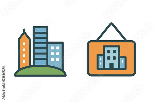 Set of isolated city build icons. Urban cityscape with buildings and skyscrapers. Real estate agency logo. Property in hanging picture frame. Architecture and construction symbol.