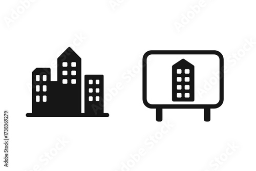 City building icon set with urban architecture symbols. Real estate property sign. Skyscraper silhouette for construction company logo. Metropolis skyline graphic element isolated.