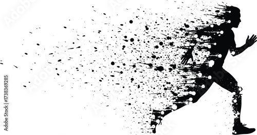 Running silhouette, ink splatter effect, dynamic motion, athlete in stride, abstract runner, speed concept, fitness art, transformation, energy burst, sports illustration