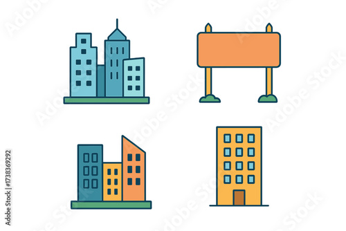 City and build icon set. Vector collection of isolated urban objects. Downtown skyscrapers, apartment buildings, real estate signs, and a blank billboard for construction ads.