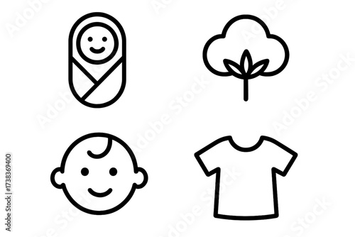 Baby and cotton icon collection. Set of linear symbols. Swaddled newborn, infant face, natural organic cotton plant, soft shirt. For baby clothes, textile, fabric. Vector.