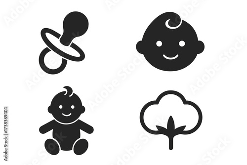 Baby and newborn icon set. Simple flat glyph collection with pacifier, infant face, and cotton symbol. Vector silhouettes for child care, organic fabric, and gentle products.