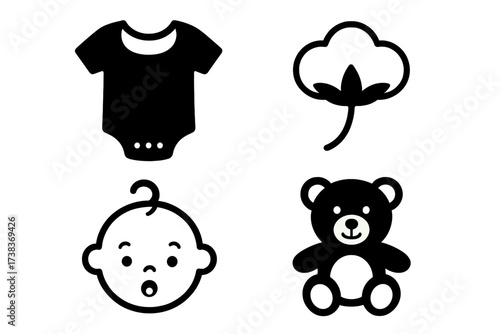 Baby icon set. Newborn essentials collection. Vector symbols of organic cotton fabric, bodysuit clothing, teddy bear toy, and infant face for baby shower and childcare design.