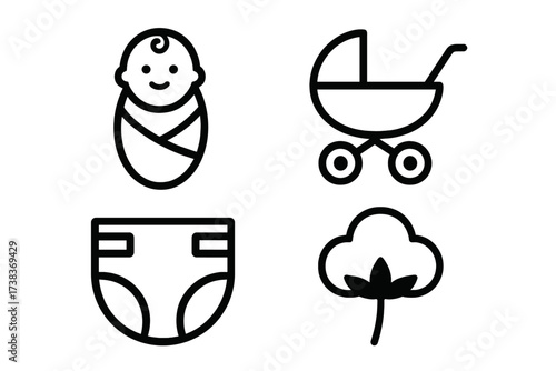 Baby care outline icon set. Newborn swaddle, stroller, diaper, cotton. Simple line symbols for childcare, infancy, baby products. Vector graphic objects isolated on white.