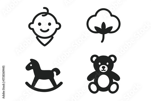 Baby icon set with newborn pictogram, rocking horse, teddy bear toy, and natural cotton symbol. Flat vector collection for kids products, child care, and baby shower design.