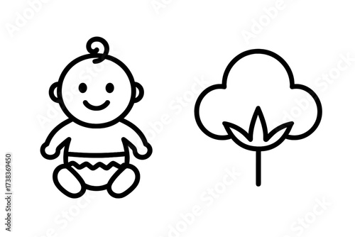 Baby and cotton line icon set. Infant care, soft natural fabric, and gentle skincare concept. Vector symbols for newborn products, organic clothing, and gentle diapers. Pure.