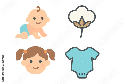Baby icon set for childcare and newborn concepts. Vector collection of cute infant, girl, cotton plant, and bodysuit. Isolated graphic elements for baby shower and kids design.