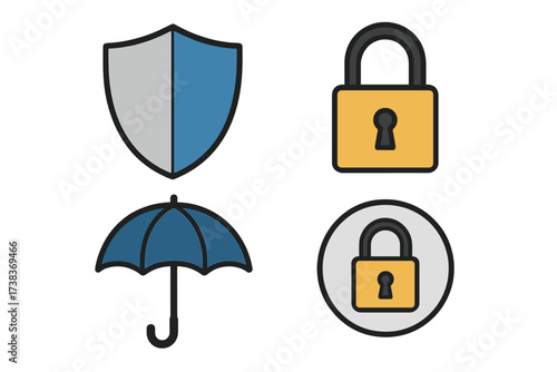 Security icon set. Shield, lock, umbrella. Protection, safety, privacy, defense, insurance concept. Cybersecurity, data protection graphic. Web pictogram, isolated vector.