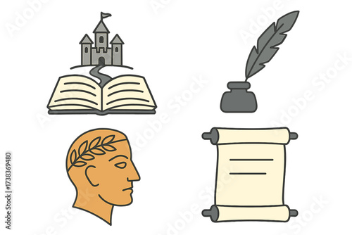 History and storytelling icon collection. Vector set of fairy tale book with castle, writer's quill pen and inkwell, ancient Roman emperor, and historical manuscript scroll.