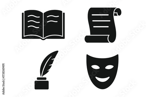 Literature and theater icon set. Black glyph symbols for storytelling, writing, and poetry. Includes book, scroll, quill pen, and drama mask. Vector illustration isolated.