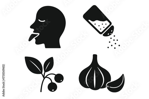 Taste and seasoning vector icon set. Collection of isolated black silhouette pictograms. Includes garlic, salt shaker, herbs, berries and flavor symbol for cooking and food.