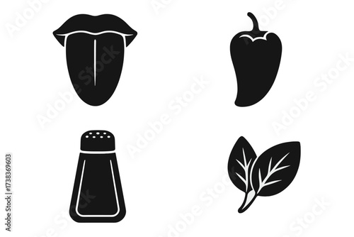 Taste and seasoning vector icon set. Food flavor glyphs. Tongue, hot chili pepper, salt shaker, basil leaf. Cooking ingredients symbols. Gastronomy elements. Isolated signs.