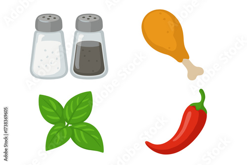 Set of food and seasoning vector icons. Isolated cartoon illustration of salt and pepper shakers, fried chicken leg, fresh basil leaves, and a red hot chili pepper.