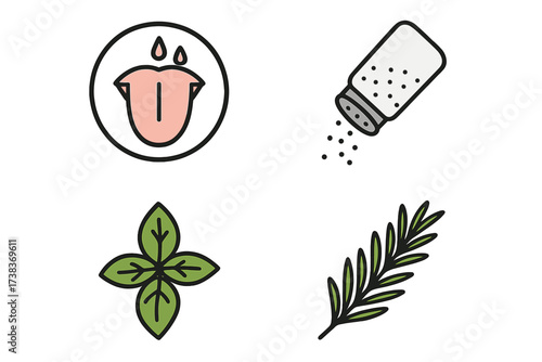 Set of taste and seasoning icons. Food flavor and spice symbols. Isolated vector collection. Tongue, salt shaker, basil, rosemary. Cooking ingredient, fresh herbs, gourmet logo.