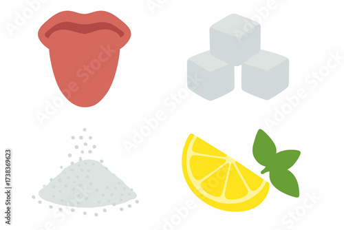 Taste buds on tongue icon set. Sweet, sour, salty flavor concepts. Sugar cubes, salt pile, lemon slice, and mint leaf vector illustration. Food seasoning and sensory perception.