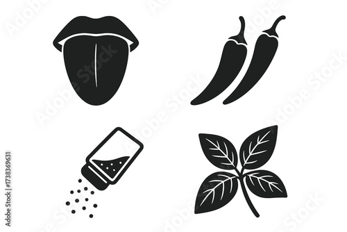 Taste and seasoning icon collection. Set of vector glyph icons for flavor. Includes tongue, hot chili pepper, salt shaker, and fresh herb leaf. Isolated food symbols.